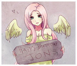 Size: 777x666 | Tagged: safe, artist:songoftheshoebox, fluttershy, human, g4, cleavage, clothes, female, happy birthday, humanized, looking at you, solo, winged humanization, wings