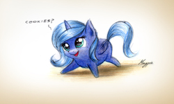 Size: 920x553 | Tagged: safe, artist:magfen, princess luna, g4, chibi, female, filly, solo, traditional art, woona