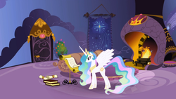 Size: 1366x768 | Tagged: safe, screencap, princess celestia, g4, griffon the brush off, celestia's bedroom, female, scroll, solo