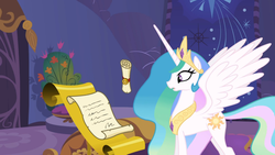 Size: 1366x768 | Tagged: safe, screencap, princess celestia, g4, griffon the brush off, animation error, female, paper, scroll, solo, spread wings, wings