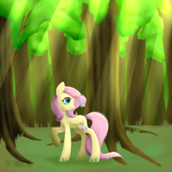 Size: 3000x3000 | Tagged: safe, artist:sannykat, fluttershy, butterfly, pegasus, pony, g4, female, forest, high res, mare, raised hoof, smiling, solo, tree