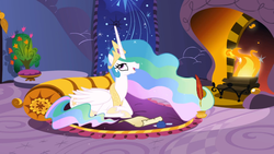 Size: 1366x768 | Tagged: safe, screencap, princess celestia, pony, g4, griffon the brush off, female, quill, scroll, solo, writing