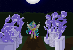 Size: 6216x4272 | Tagged: safe, artist:stacyisback, princess celestia, alicorn, pony, g4, absurd resolution, clothes, dark magic, female, garden, jewelry, magic, petrification, peytral, shoes, solo, sombra eyes, spread wings, statue, tiara, wings