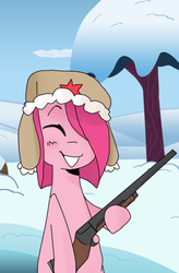 Size: 336x512 | Tagged: dead source, safe, artist:meowing-ghost, pinkie pie, earth pony, pony, g4, eyes closed, female, gun, hair over one eye, hat, mare, pinkamena diane pie, rifle, smiling, snow, solo, soviet, ushanka, weapon, winter