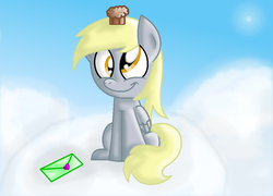 Size: 1014x732 | Tagged: safe, artist:stacyisback, derpy hooves, pegasus, pony, g4, female, letter, mare, muffin, smiling, solo