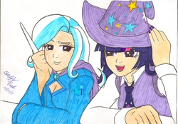 Size: 2236x1560 | Tagged: safe, artist:namori-kimbly, trixie, twilight sparkle, human, g4, accessory swap, boob window, breasts, cleavage, female, humanized, lesbian, ship:twixie, shipping, traditional art, wand