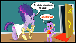 Size: 1819x1024 | Tagged: safe, artist:geekscomeoutatnight, spike, twilight sparkle, g4, bride of frankenstein, clothes, costume, elsa lanchester, i pity the fool, mr. t