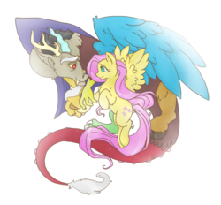 Size: 991x920 | Tagged: dead source, safe, artist:veritasket, discord, fluttershy, pegasus, pony, g4, duo, female, looking at each other, male, simple background, transparent background