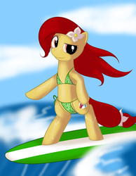 Size: 735x945 | Tagged: safe, artist:kloudmutt, oc, oc only, pony, bikini, bipedal, clothes, solo, surfing, swimsuit, wet