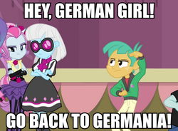 Size: 814x600 | Tagged: safe, edit, edited screencap, screencap, photo finish, snails, snips, violet blurr, equestria girls, g4, my little pony equestria girls: rainbow rocks, caption, german, germany, image macro, male, meme, out of character, photo finish insults, racism, the simpsons