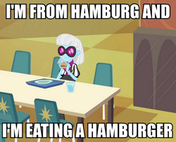 Size: 680x550 | Tagged: safe, screencap, photo finish, equestria girls, g4, burger, food, german, hamburg, hamburger, image macro, meme, photo finish insults