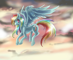 Size: 2200x1800 | Tagged: safe, artist:chocori, rainbow dash, pegasus, pony, g4, backwards cutie mark, featured image, female, fluffy, flying, looking at you, mare, smiling, solo, spread wings, unshorn fetlocks