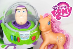 Size: 1600x1067 | Tagged: safe, sparkleworks, g3, buzz lightyear, crossover, irl, male, photo, toy, toy story, youtube link