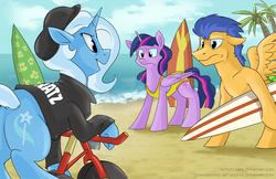 Size: 950x617 | Tagged: safe, artist:spainfischer, flash sentry, trixie, twilight sparkle, alicorn, pegasus, pony, unicorn, g4, beach, bicycle, butt, clothes, concave belly, female, mare, one-piece swimsuit, plot, surfboard, swimsuit, trio, twilight sparkle (alicorn)
