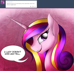 Size: 1280x1235 | Tagged: safe, artist:iraincloud, princess cadance, alicorn, pony, g4, abstract background, ask, dialogue, ear fluff, female, ladybugs-awake, looking at you, mare, open mouth, profile, solo, speech bubble, tumblr