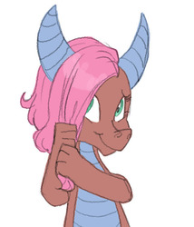 Size: 479x560 | Tagged: safe, artist:carnifex, idw, mina, dragon, g4, spoiler:comic, spoiler:comicff14, :t, claws, cute, dragoness, female, hair over one eye, horns, looking at you, minabetes, simple background, smiling, solo, white background