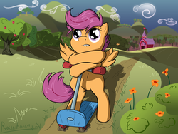 Size: 3264x2448 | Tagged: safe, artist:rainihorn, scootaloo, g4, belly button, female, high res, lip bite, scooter, solo, sweet apple acres