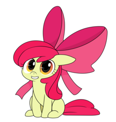 Size: 3280x3460 | Tagged: safe, artist:ende26, artist:zapplebow, apple bloom, earth pony, pony, g4, adorabloom, clothes, cute, female, floppy ears, grin, high res, impossibly large bow, looking at you, oversized clothes, simple background, smiling, solo, squee, transparent background