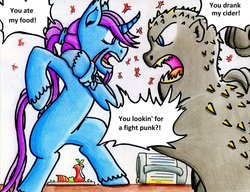 Size: 1020x784 | Tagged: safe, artist:the1king, oc, oc only, oc:azure night, oc:crater, dragon, cider, fight, food, mug, text