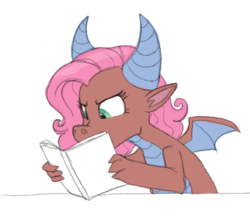 Size: 651x580 | Tagged: safe, artist:carnifex, idw, mina, dragon, friends forever #14, g4, my little pony: friends forever, spoiler:comic, book, claws, comic book, cute, dragon wings, dragoness, exploitable, female, horns, minabetes, reading, simple background, solo, white background, wings
