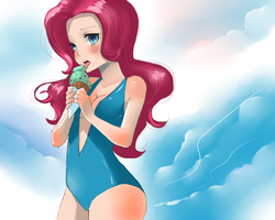 Size: 1200x960 | Tagged: safe, artist:rickvalentine, pinkie pie, human, g4, absolute cleavage, breasts, cleavage, clothes, humanized, ice cream, licking, one-piece swimsuit, swimsuit