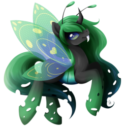 Size: 2000x2000 | Tagged: safe, artist:exceru-karina, butterfly, changeling, hybrid, antennae, butterfly wings, green changeling, high res, solo