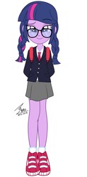 Size: 900x1829 | Tagged: safe, artist:bluse, twilight sparkle, equestria girls, g4, adorkable, alternate hairstyle, backpack, braid, clothes, cute, dork, glasses, school uniform, shoes, sneakers