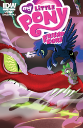 Size: 1400x2154 | Tagged: safe, artist:amy mebberson, idw, official comic, princess luna, spike, alicorn, dragon, pony, friends forever #14, g4, my little pony: friends forever, comic cover, cover, female, idw advertisement, male, mare