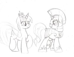 Size: 1017x786 | Tagged: safe, artist:drawponies, sunset shimmer, twilight sparkle, alicorn, pony, g4, armor, female, lesbian, mare, monochrome, new crown, royal guard, ship:sunsetsparkle, shipping, sketch, twilight sparkle (alicorn)