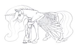 Size: 1260x813 | Tagged: safe, artist:carnivorouscaribou, princess celestia, alicorn, horse, human, g4, au:eqcl, eyes closed, female, fluffy, hug, human male, male, mare, momlestia, monochrome, simple background, size difference, smiling, spread wings, traditional art, unshorn fetlocks, white background