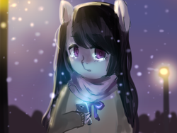 Size: 1280x960 | Tagged: safe, artist:marinakirby, octavia melody, earth pony, anthro, g4, cellphone, clothes, female, phone, scarf, smartphone, snow, snowfall, solo