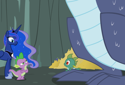 Size: 900x611 | Tagged: safe, artist:queencold, princess luna, spike, oc, dragon, g4, spoiler:comic, spoiler:comicff14, baby, baby dragon, cave, dragon oc, ethereal mane, female, frown, glare, gritted teeth, hoard, mare, starry mane, wide eyes