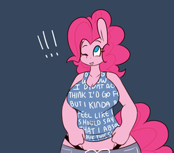 Size: 1280x1124 | Tagged: safe, artist:somescrub, pinkie pie, earth pony, anthro, hugtastic pinkie pie, g4, big breasts, breasts, busty pinkie pie, clothes, explicit source, female, impossibly wide hips, panties, solo, speech bubble, thong, tumblr, underwear, wide hips