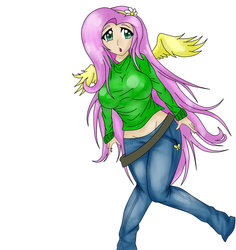 Size: 1024x1084 | Tagged: safe, artist:eljapones096, fluttershy, human, g4, breasts, busty fluttershy, clothes, female, humanized, solo, sweatershy, winged humanization