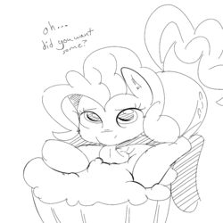Size: 1000x1000 | Tagged: safe, artist:khorme, pinkie pie, g4, cupcake, eating, female, monochrome, solo