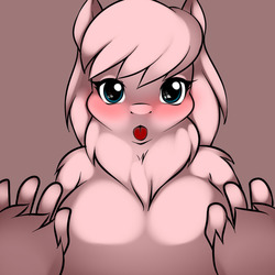 Size: 1280x1280 | Tagged: safe, artist:kloudmutt, oc, oc only, oc:fluffle puff, anthro, blushing, breasts, busty fluffle puff, explicit source, female, looking at you, solo, tongue out