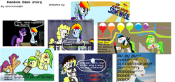 Size: 1197x563 | Tagged: safe, artist:fimflamfilosophy, rainbow dash, scootaloo, surprise, twilight sparkle, oc, oc:wooden toaster, fanfic:rainbow factory, rainbow dash presents, g1, g4, 1000 hours in ms paint, childhood innocence, comic, computer, ms paint