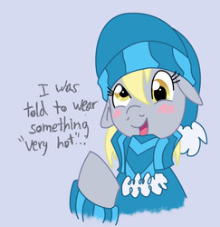 Size: 777x800 | Tagged: safe, artist:elosande, derpy hooves, pegasus, pony, g4, cap, clothes, female, hat, mare, pun, simple background, solo, sweater