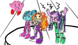 Size: 397x228 | Tagged: safe, artist:kiwi, edit, adagio dazzle, aria blaze, sonata dusk, puffball, g4, 1000 hours in ms paint, colored, crossover, kirby, kirby (series), microphone, ms paint, the dazzlings