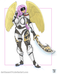 Size: 2299x2976 | Tagged: safe, artist:sugarlesspaints, fluttershy, human, g4, armor, female, futuristic, high res, humanized, solo, sword, winged humanization