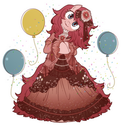 Size: 773x779 | Tagged: safe, artist:うめぐる, pinkie pie, pony, semi-anthro, g4, alternate hairstyle, arm hooves, balloon, bipedal, clothes, cute, dress, female, head tilt, solo, victorian