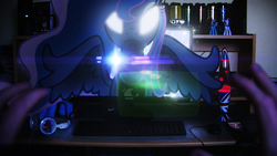 Size: 3840x2160 | Tagged: safe, artist:bastbrushie, artist:iheartnico2, princess luna, alicorn, pony, g4, camera, computer, female, figurine, fourth wall destruction, glowing eyes, hand, headphones, high res, irl, keyboard, lava lamp, lens flare, mare, monster energy, offscreen character, peytral, photo, ponies in real life, pov, solo, spread wings, television, turntable, vector, wings