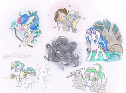 Size: 2938x2179 | Tagged: safe, artist:pandan009, bon bon, derpy hooves, dj pon-3, doctor whooves, lyra heartstrings, octavia melody, sweetie drops, time turner, vinyl scratch, oc, oc:screwpine caprice, earth pony, pegasus, pony, unicorn, g4, arrow, background six, bow (weapon), bow and arrow, bubblegum, female, high res, male, mare, ship:doctorderpy, shipping, stallion, straight