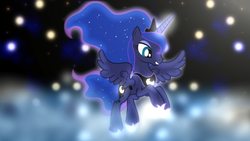 Size: 1024x576 | Tagged: safe, artist:sailortrekkie92, artist:zimvader42, princess luna, alicorn, pony, g4, female, mare, smiling, solo, stars, vector, wallpaper