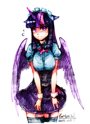 Size: 934x1289 | Tagged: safe, artist:ermaowu, twilight sparkle, human, g4, blushing, breasts, busty twilight sparkle, clothes, corset, equestria girls outfit, female, garter belt, garters, horn, horned humanization, humanized, maid, maid headdress, skirt, solo, stockings, traditional art, twilight sparkle (alicorn), winged humanization
