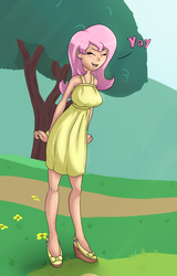 Size: 786x1229 | Tagged: safe, artist:dragomyr, fluttershy, human, g4, sonic rainboom (episode), clothes, dress, female, humanized, light skin, scene interpretation, solo, yay