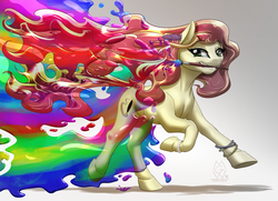Size: 2768x2000 | Tagged: safe, artist:mykegreywolf, oc, oc only, earth pony, pony, bracelet, color, feather, high res, looking at you, mouth hold, paintbrush, rainbow, running, simple background, solo