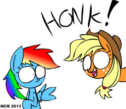 Size: 835x721 | Tagged: safe, artist:mushroomcookiebear, applejack, rainbow dash, earth pony, pegasus, pony, g4, derp, duo, female, frown, honk, open mouth, simple background, smiling, transparent background, wide eyes