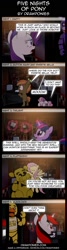 Size: 462x1728 | Tagged: safe, artist:drawponies, button mash, fluttershy, rarity, sweetie belle, twilight sparkle, oc, oc:blackjack, g4, bonnie (fnaf), chica, colt, comic, crossover, female, five nights at freddy's, foal, glowing, glowing horn, golden freddy, horn, magic, male, mare, telekinesis