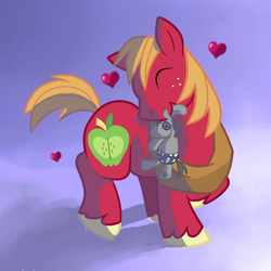 Size: 800x800 | Tagged: safe, artist:perfectpinkwater, big macintosh, smarty pants, earth pony, pony, g4, cute, eyes closed, heart, macabetes, male, mouth hold, solo, stallion